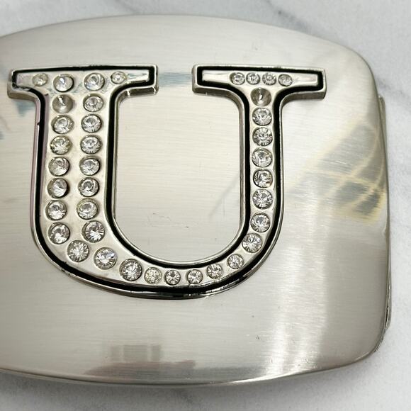 Rhinestone Studded U Letter Initial Monogram Silver Tone Belt Buckle - Picture 3 of 9